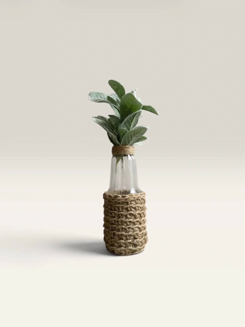 Handmade Crochet Jute Wrapped Glass Vase with Green Faux Lamb’s Ear
